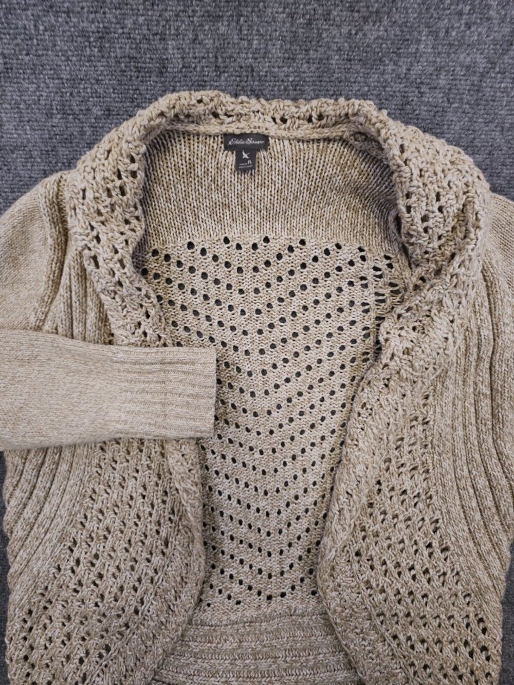 Eddie Bauer Women's Petite Large Beige Open Knit Sweater Long Sleeve 100% Cotton